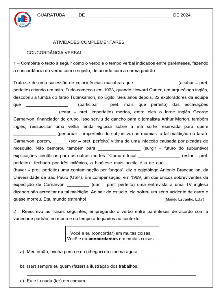 Atividades Complementares Sobre Concordância Verbal - 7.º Ano | PDF