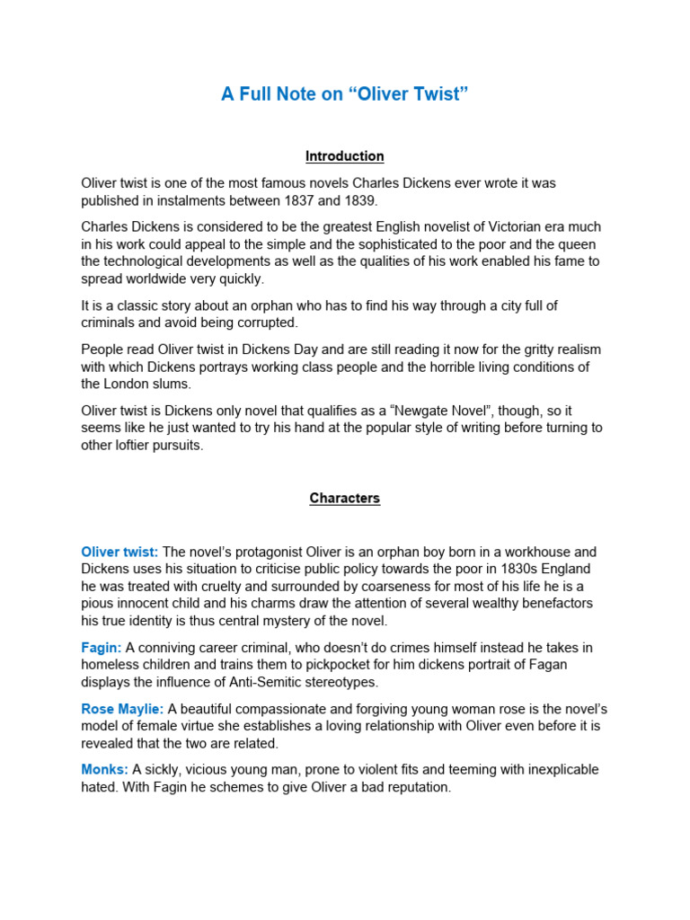 Full Note-Oliver Twist | PDF | Oliver Twist | Nancy (Oliver Twist)