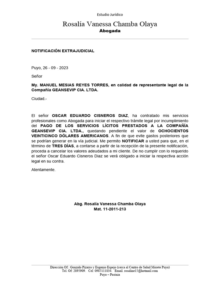 Notificación Extrajudicial de Pago | PDF | Finanzas y dinero | Derecho