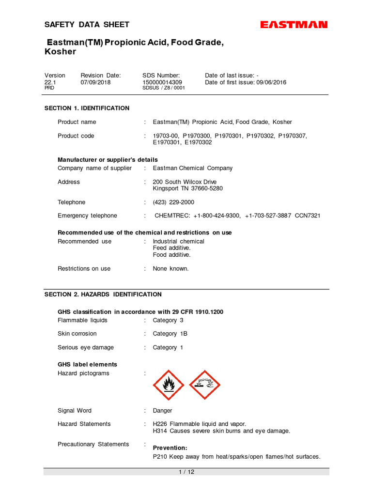 Eastman Kosher Propionic Acid SDS | PDF | Toxicity | Dangerous Goods