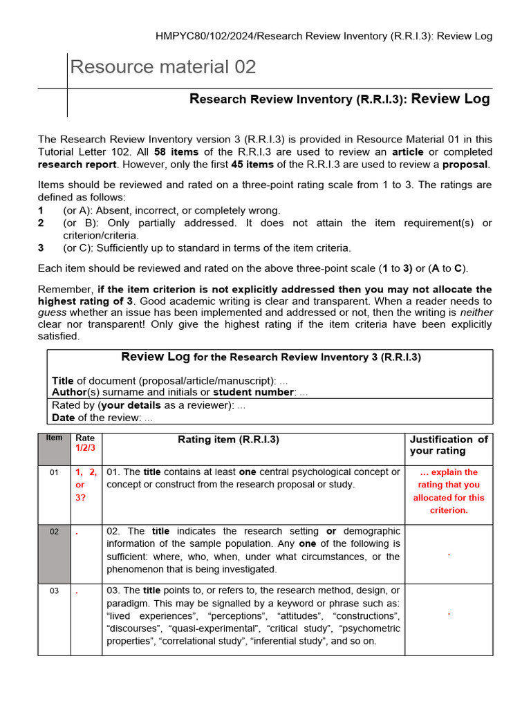 Research Review Inventory Log R.R.I.3 | PDF | Methodology | Validity ...
