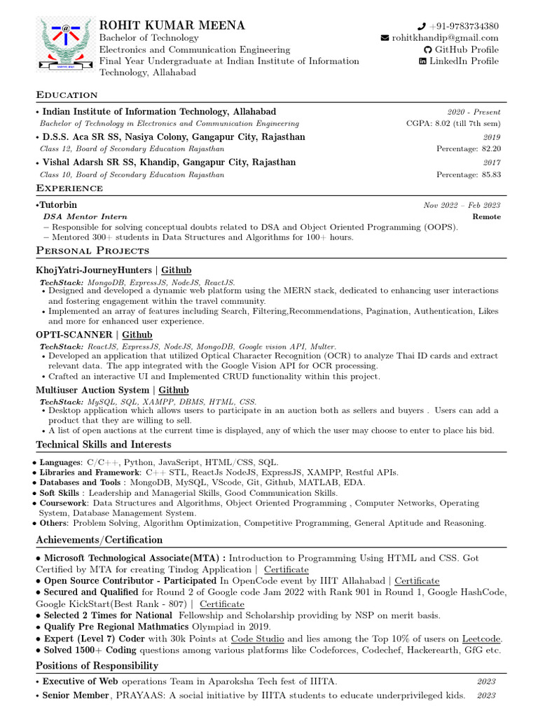 Rohit Meena: Codeforces Achievements | PDF | Databases | Computer ...