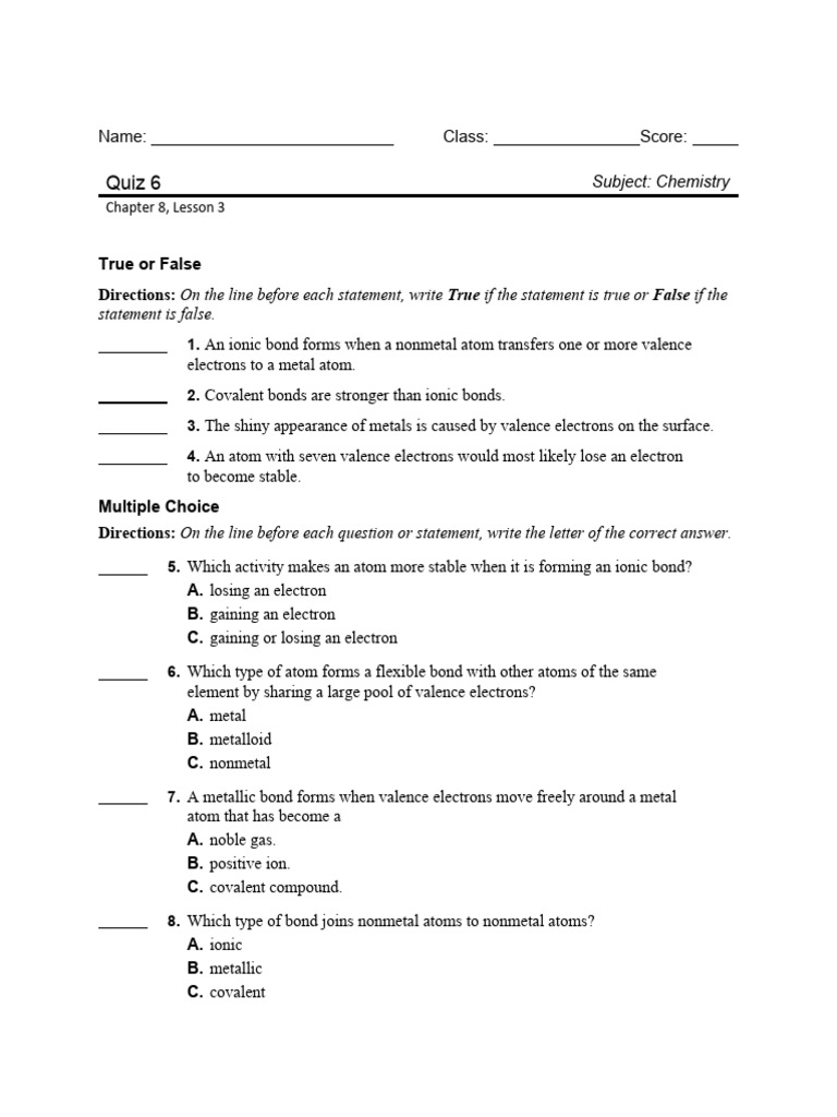 Quiz on Ionic and Metallic Bonds | PDF | Chemical Bond | Ionic Bonding