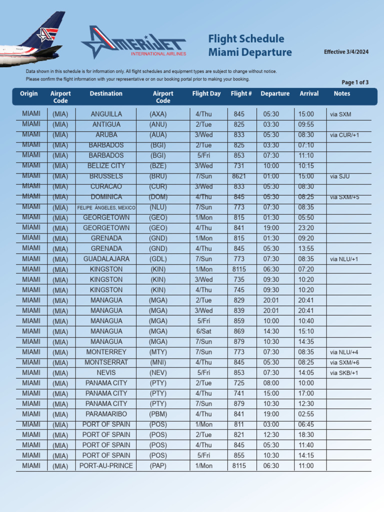 Miami Flight Schedule Effective 2024 | PDF