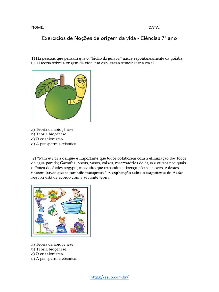 Exercícios sobre Origem da Vida - 7º Ano | PDF | Abiogênese | Química