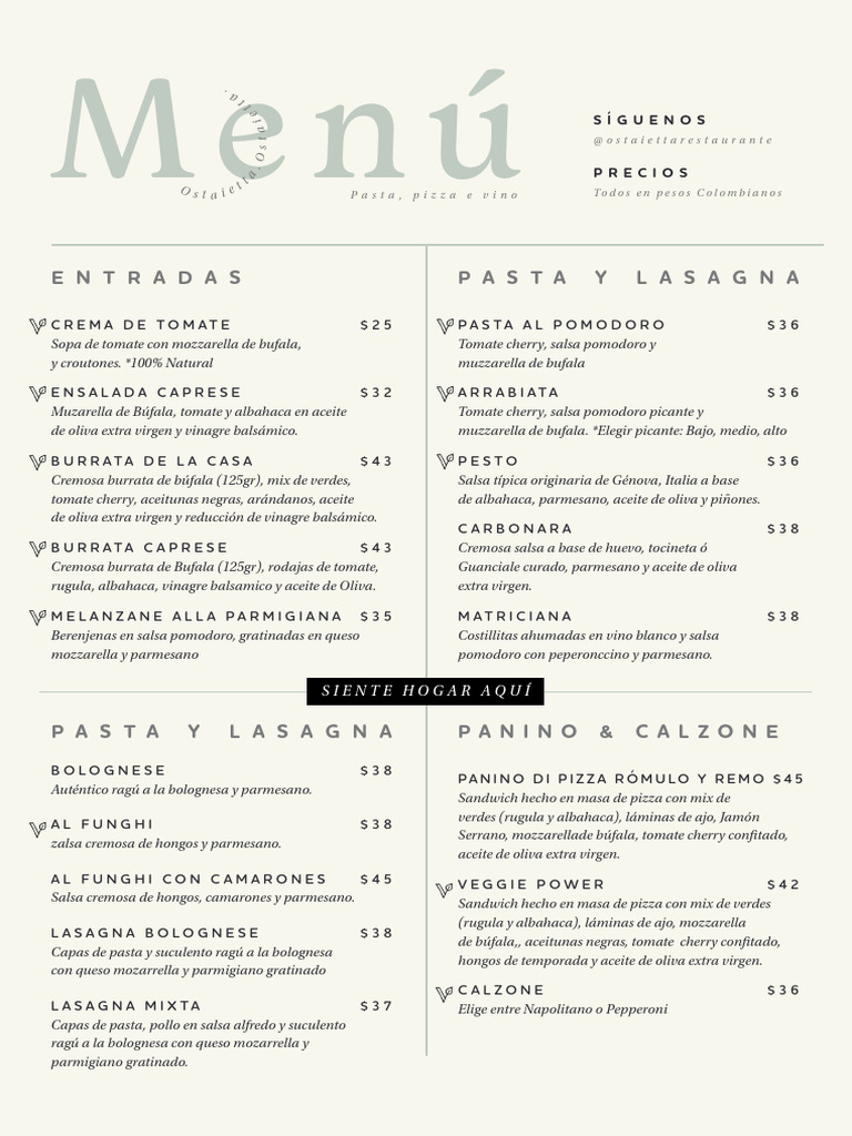 Menú de Ostaietta: Platos y Bebidas | PDF | Pizza | pesto