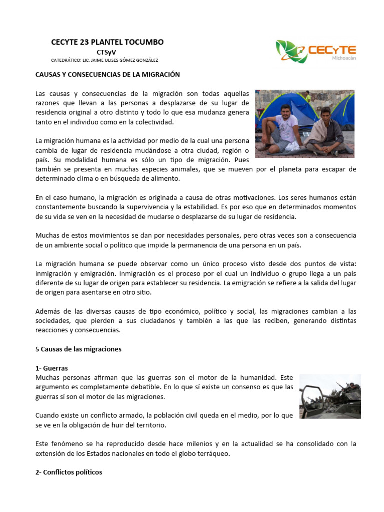 Causas y Consecuencias de La Migracion | PDF | Migración humana ...