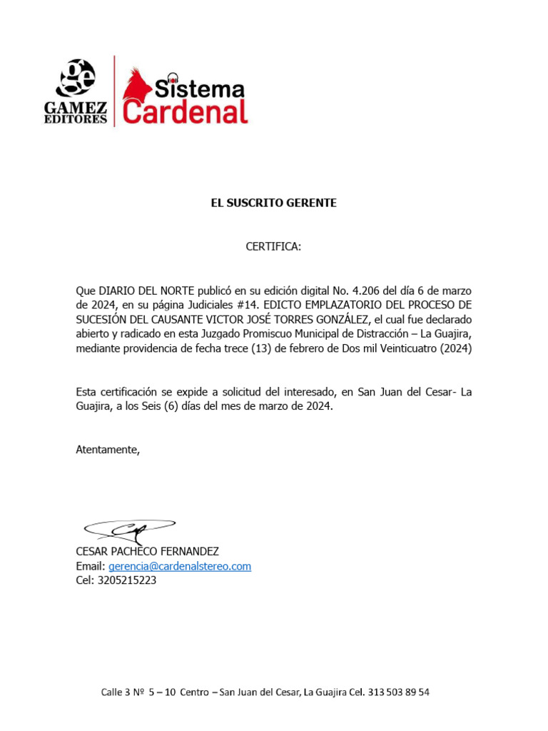 Edicto Emplazatorio Sucesión Torres González | PDF | Derecho