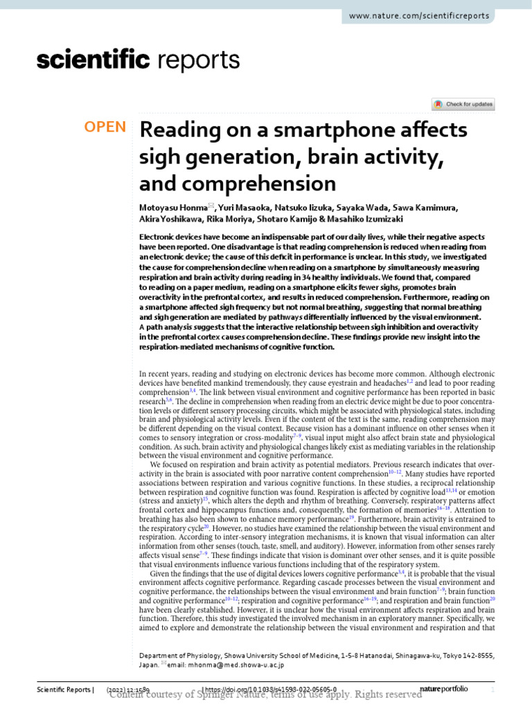 Reading On A Smartphone Affects Sigh Generation BR | PDF | Senses | Brain
