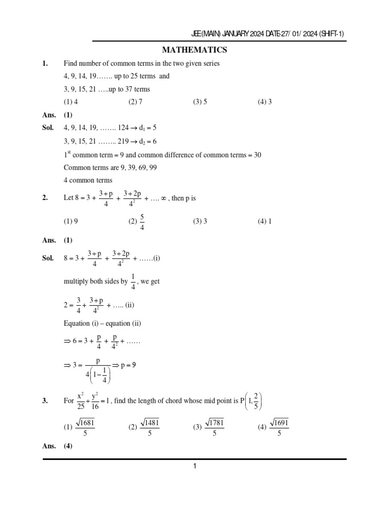 JEE Main 2024: Jan 27 Shift 1 Paper | PDF | Applied Mathematics | Geometry