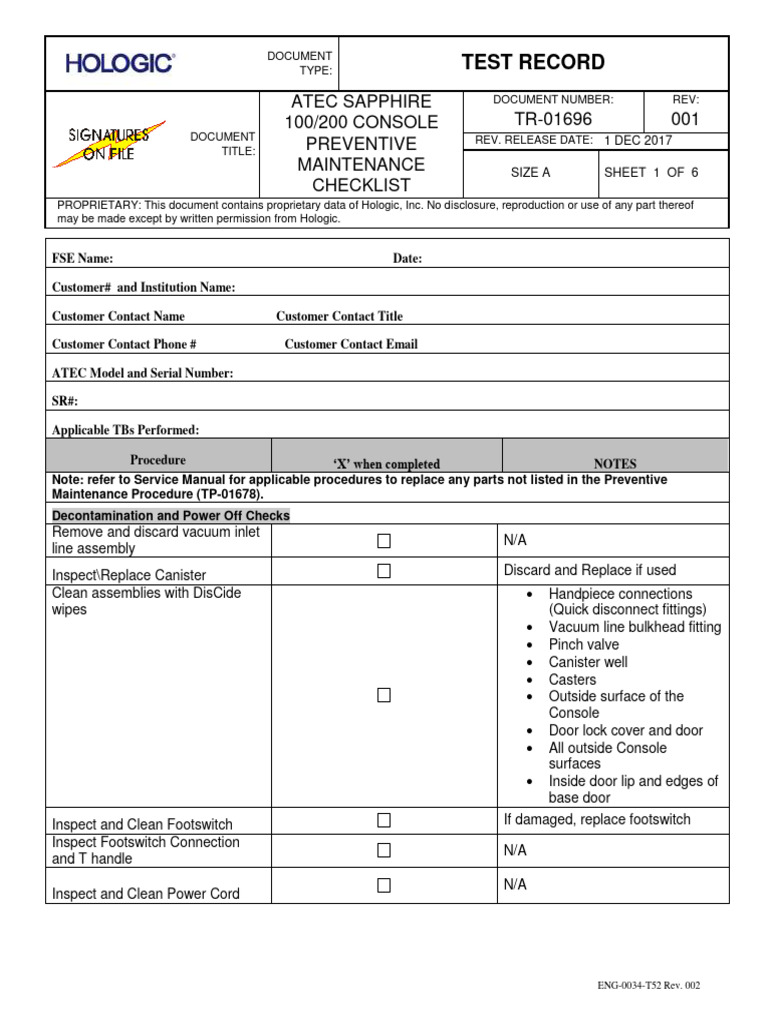 ATEC Sapphire 100/200 Maintenance Checklist | PDF | Valve | Pump