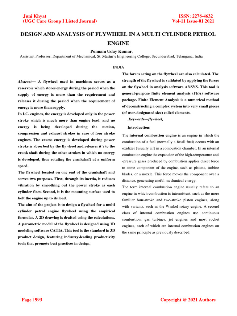Design and Analysis of Flywheel in A Multi Cylinder Petrol Engine PDF