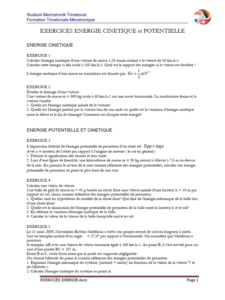 Exercices sur l'énergie cinétique et potentielle | PDF
