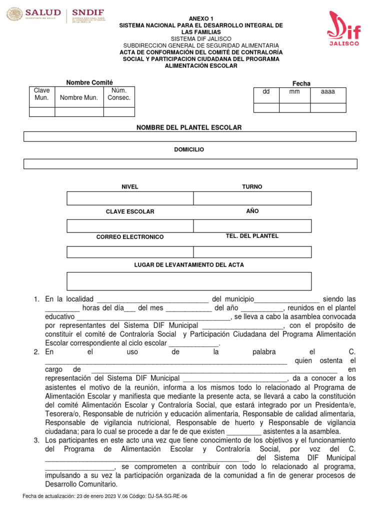 Anexo 1 Acta de Conformación Comite Alimentación Escolar 2023 | PDF ...