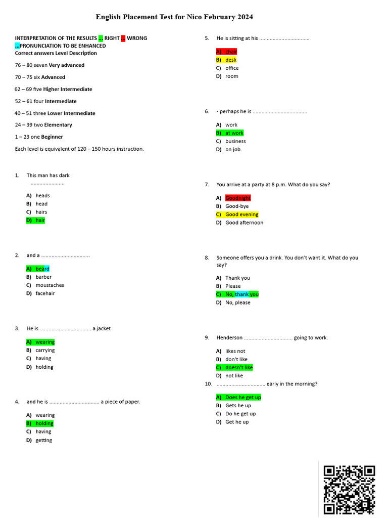 English Placement Test February 2024 | PDF | Teaching Methods & Materials