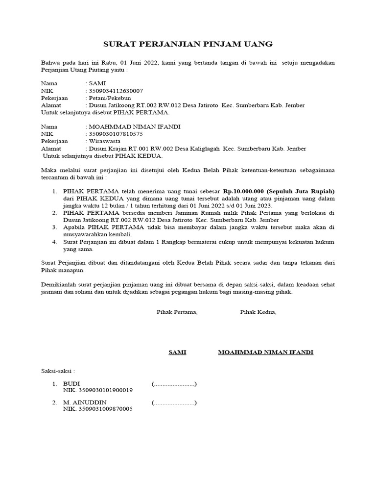 Contoh Surat Perjanjian Pinjaman Uang | PDF