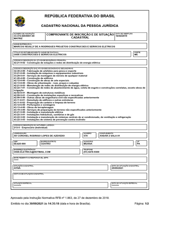 Cadastro CNPJ Onix Construções PA | PDF