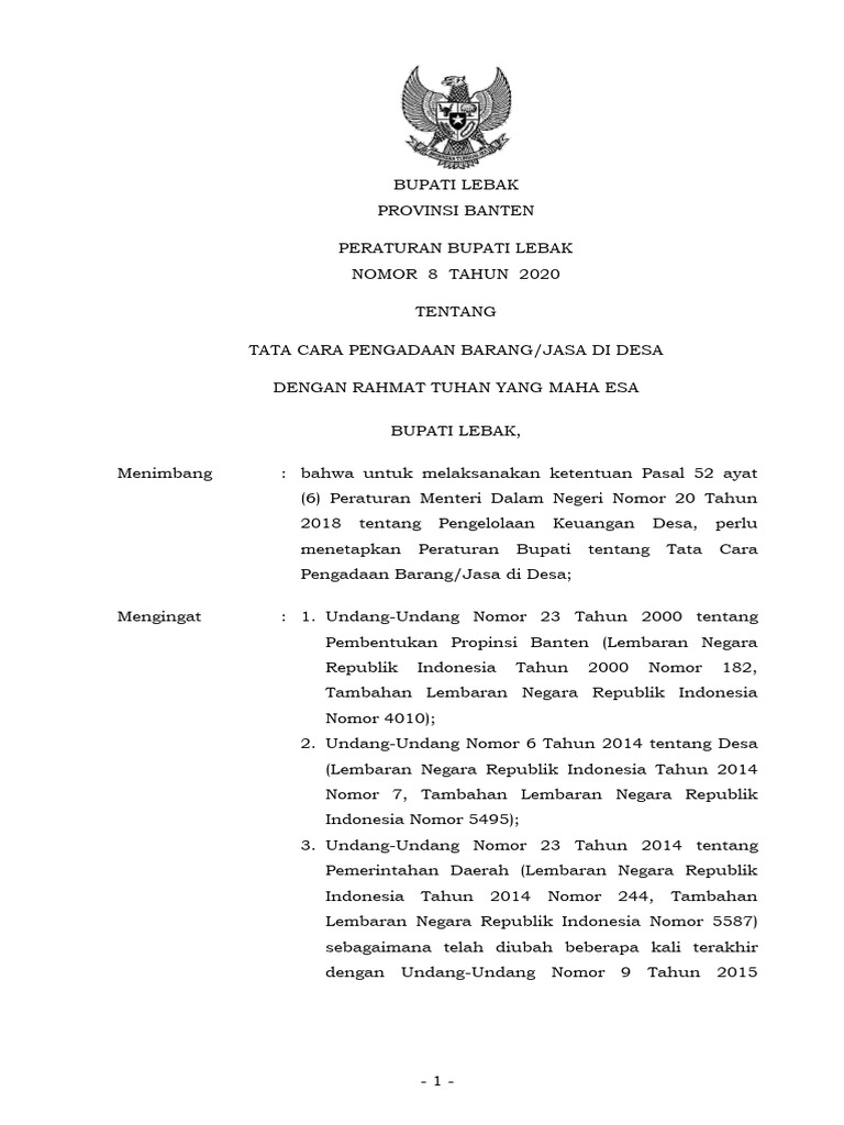 PERBUP 8 Tahun 2020 TATA CARA PENGADAAN BARANG JASA DI DESA | PDF ...