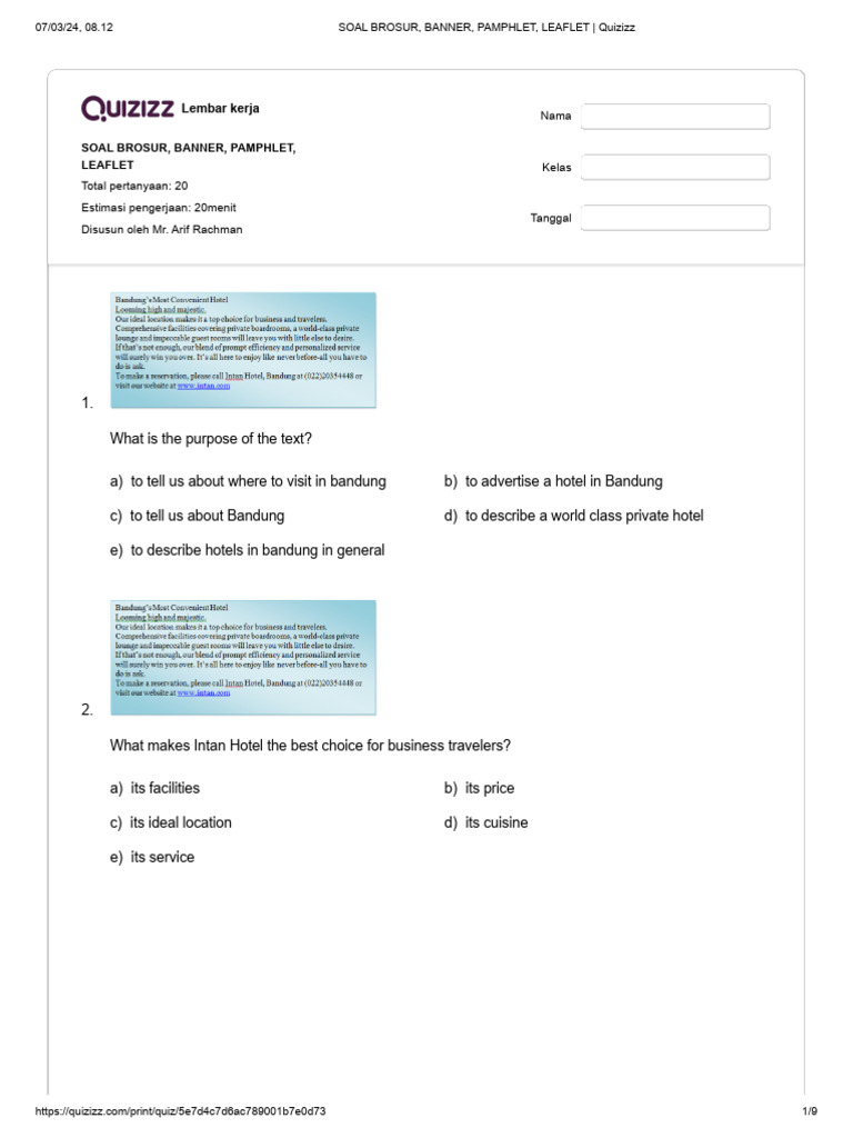 Engaging Quiz on Pamphlet Content | PDF