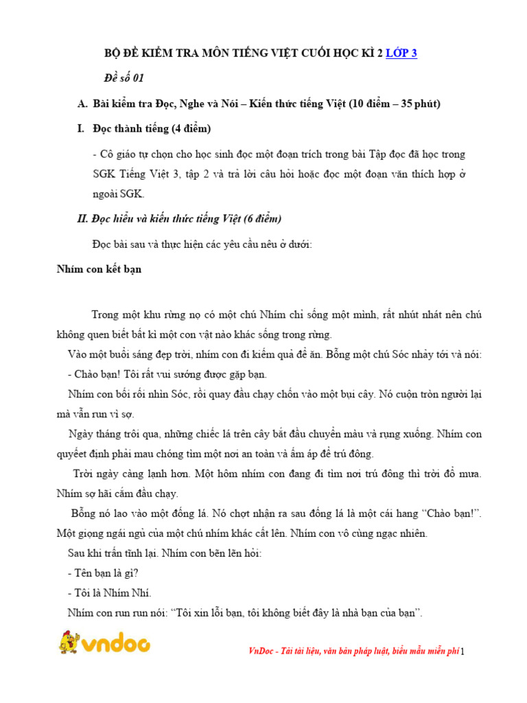 Bo de Thi Hoc Ki 2 Mon Tieng Viet Lop 3 Co Dap An | PDF