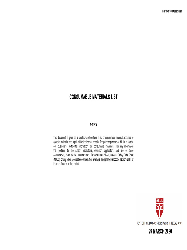BHTCONSUMABLESList | PDF | Jet Fuel | Chemical Substances
