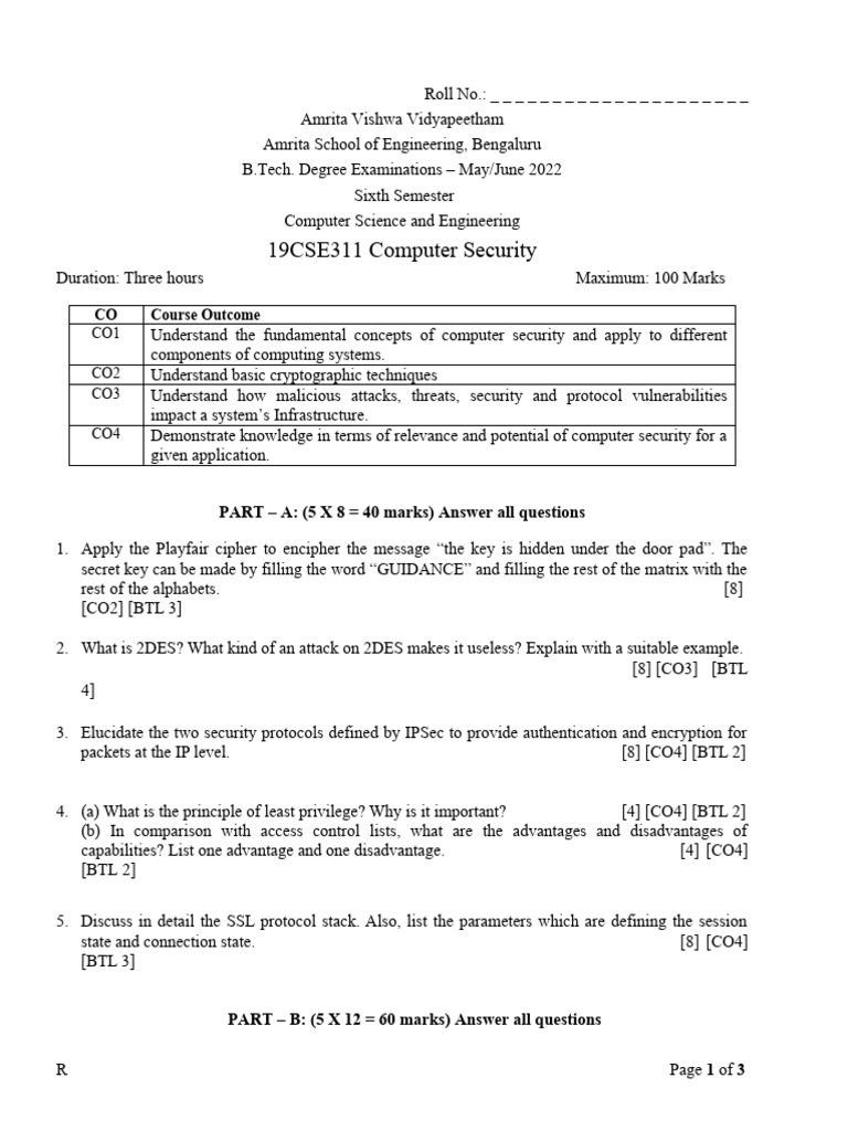 BTL Levels in Computer Security Exam | PDF | Cryptography | Encryption