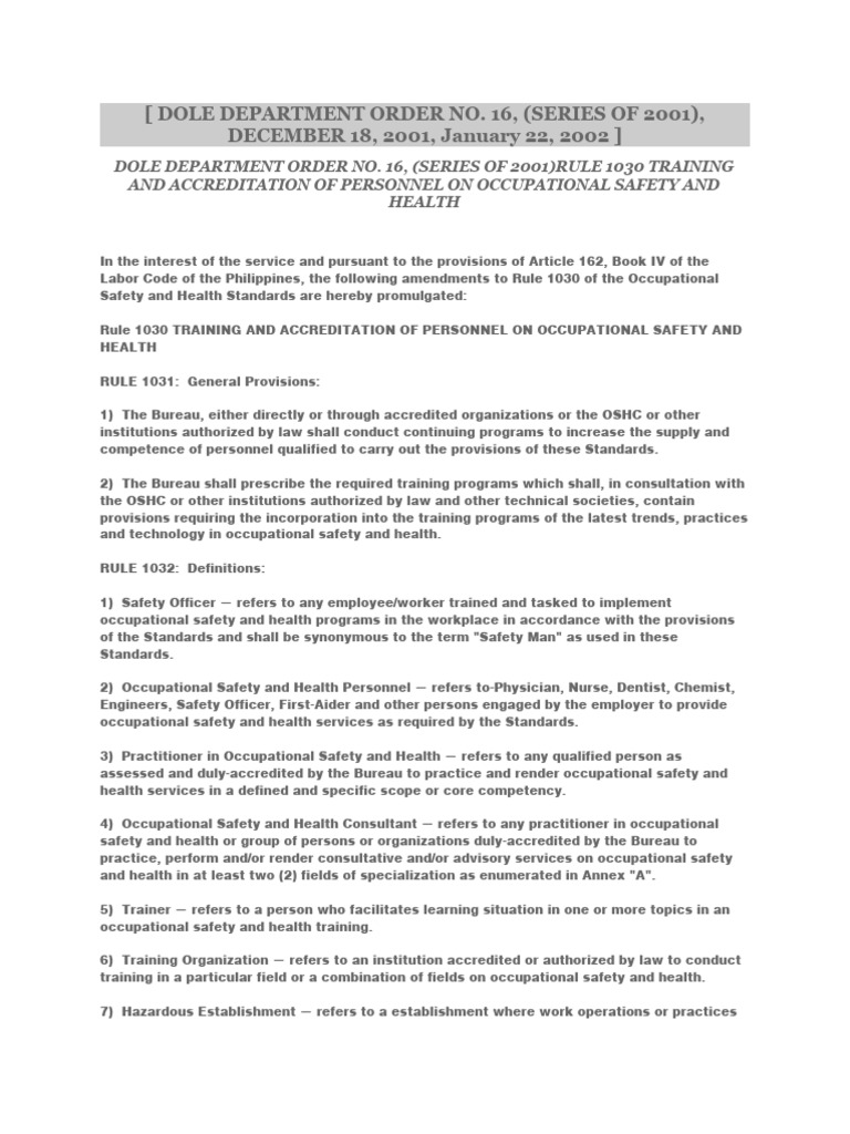 DOLE Order 16: Safety Officer Training | PDF | Occupational Safety And ...