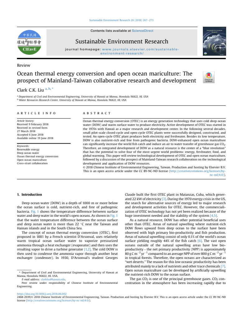 Ocean thermal energy conversion and open ocean mariculture the