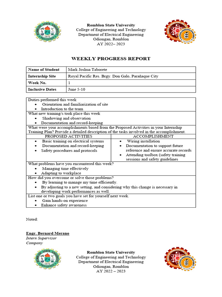 Weekly Internship Progress Report: Electrical Engineering | PDF ...