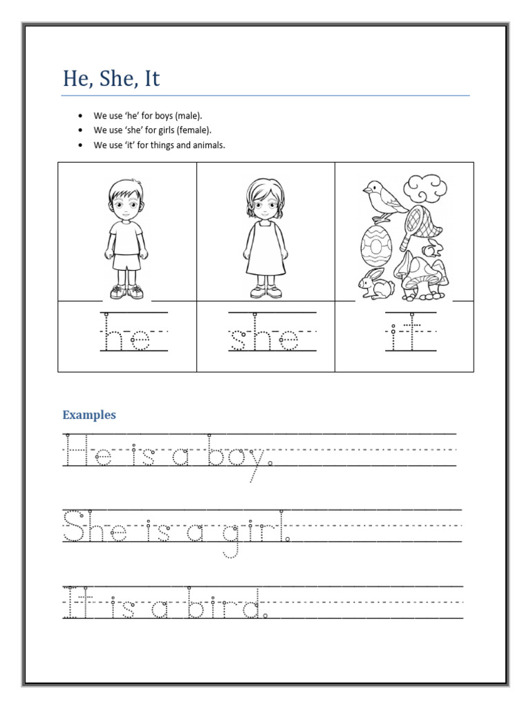 He, She, It: Pronouns Worksheet for UKG | PDF