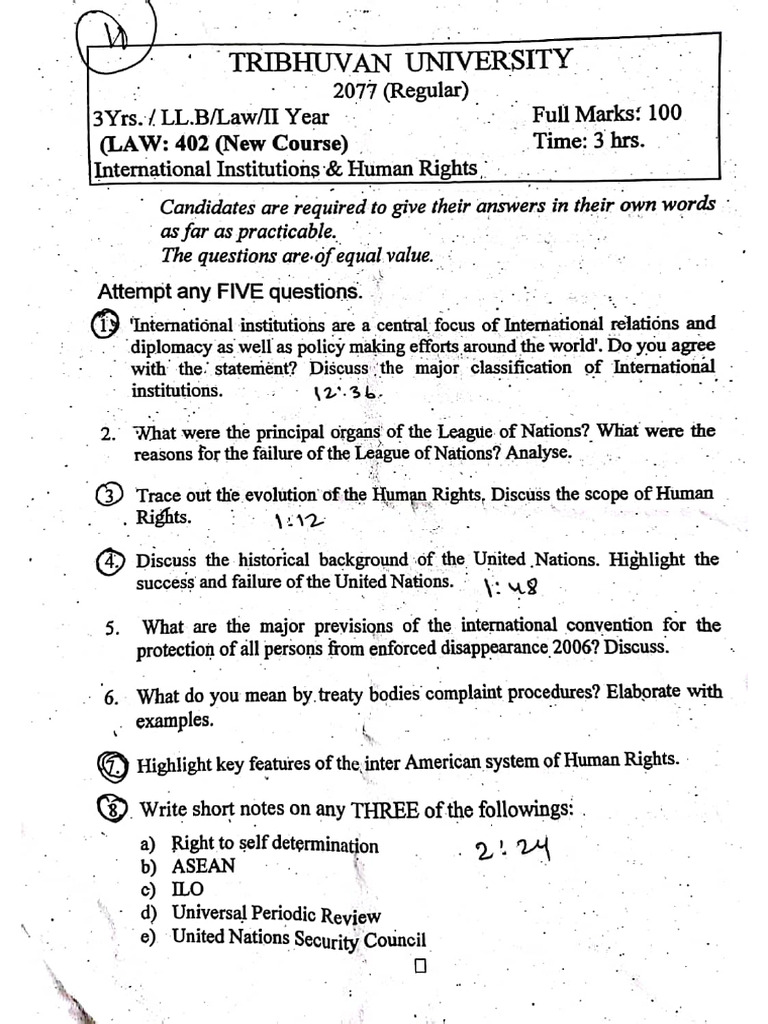 International Institutions and Human Rights LLB 2nd Year Old Question ...