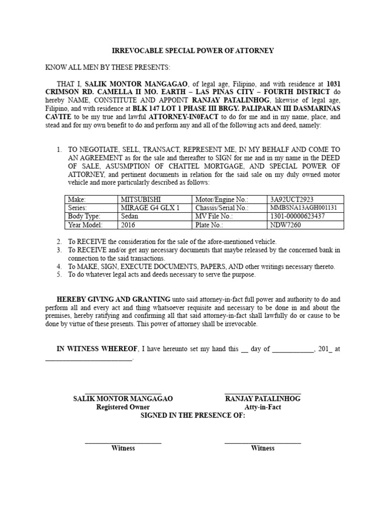 Irrevocable Special Power of Attorney - Mirage | PDF | Power Of ...
