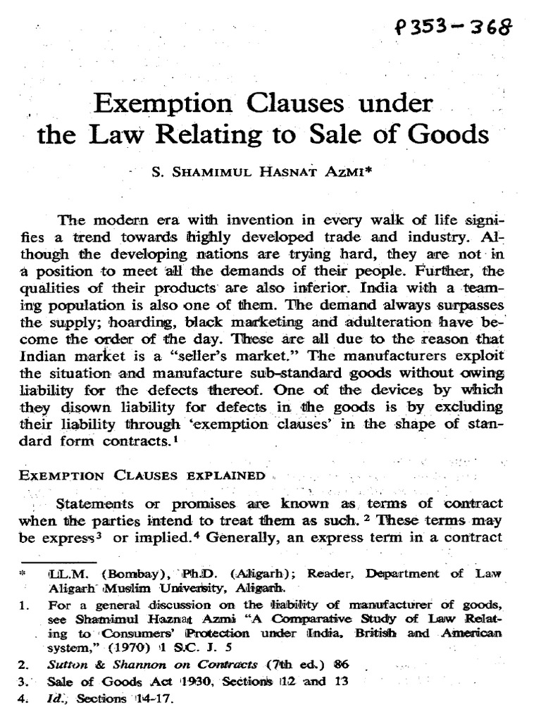 Exemption Clauses in Sale of Goods | PDF | Misrepresentation | Legal ...