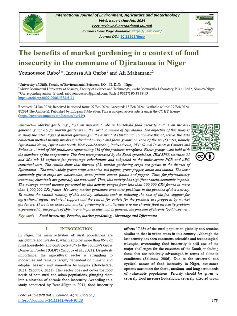 The Benefits of Market Gardening in A Context of Food Insecurity in The