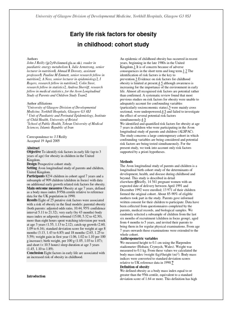 Early Life Risk Factors For Obesity PDF Cohort Study Obesity