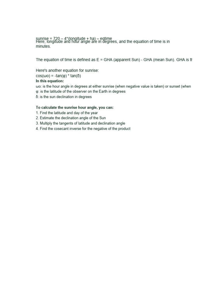 Sunrise Calculation Method Explained | PDF | Sunset | Angle