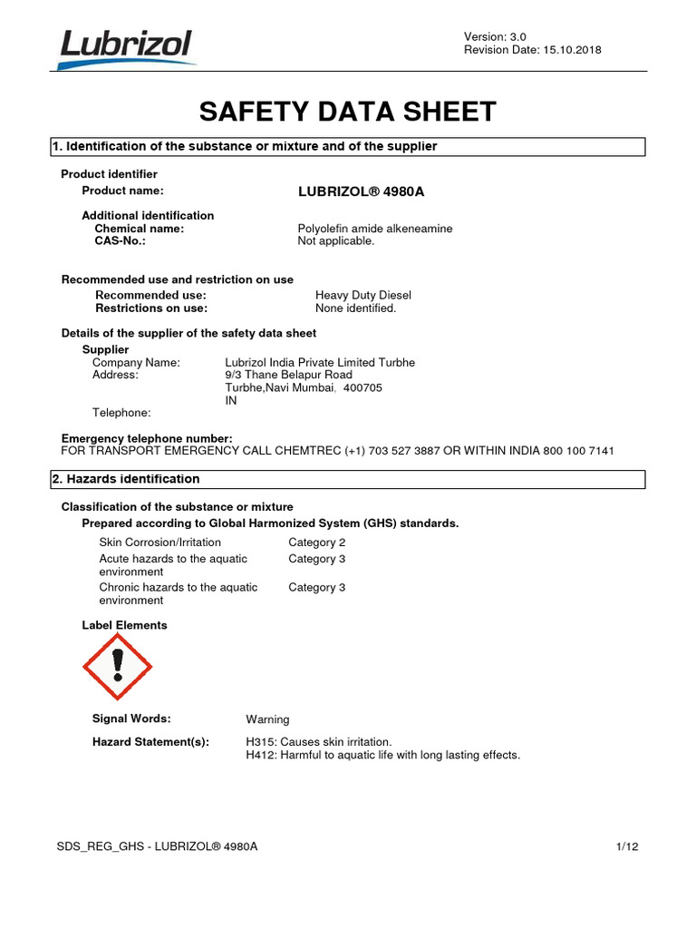 Lubrizol 4980a (SDS) PDF Physical Sciences Safety