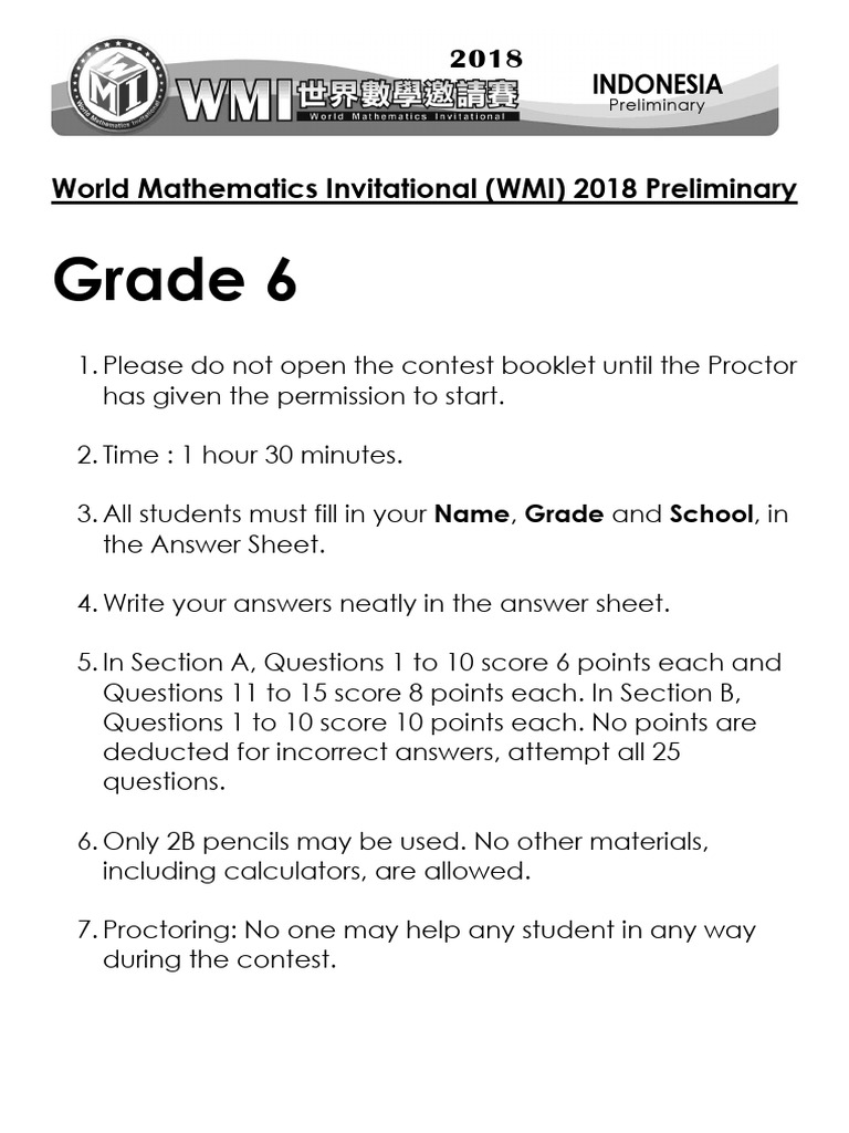 Grade 6 WMI 2018 Contest Guidelines | PDF | Elementary Mathematics ...