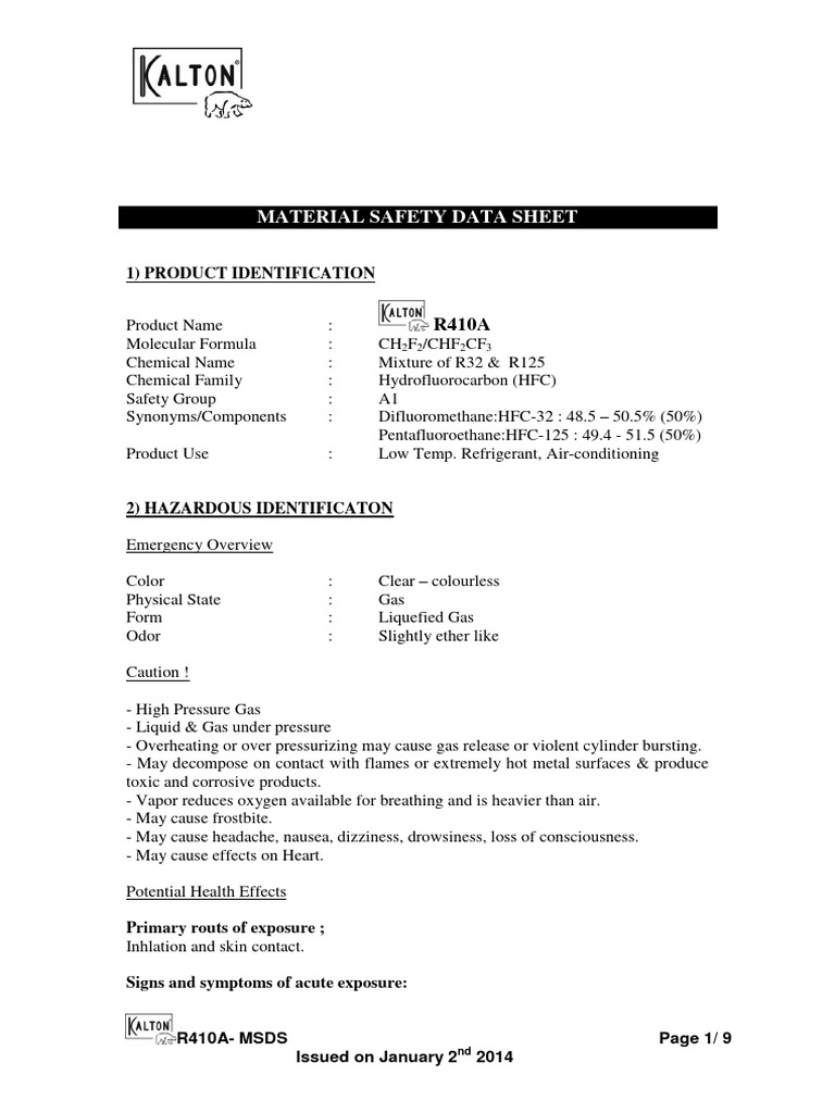 Msds Kalton R410a 1 | PDF | Firefighting | Water