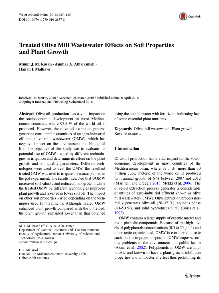 Treated Olive Mill Wastewater Effects On Soil Properties and Plant ...