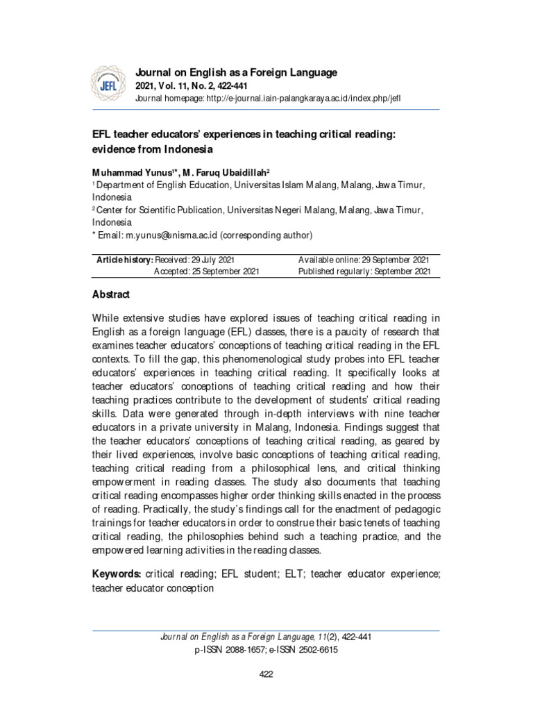 Efl Teacher Educators Experiences 2021 Pdf Reading Comprehension