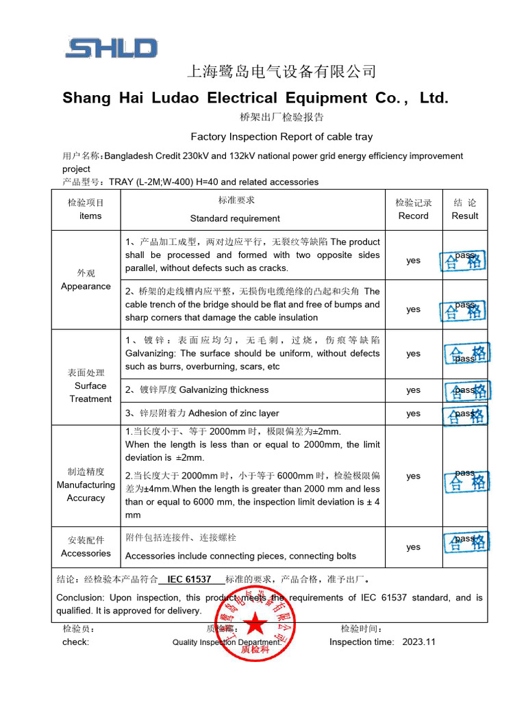 Routine Test Reports For The Cable Tray of The Project KFW 1.1 | PDF ...