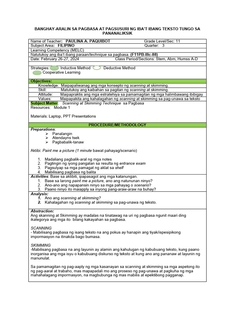 IplanPagbasaScanning at Skimming Na Paraan NG Pagbasa PDF