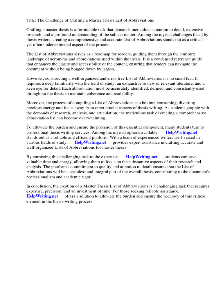 Master Thesis List of Abbreviations PDF Master Of Science Thesis