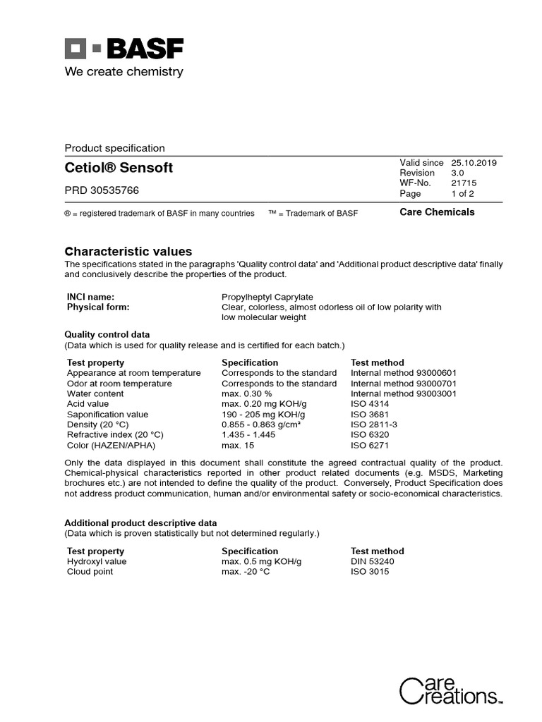 Specification Cetiol Sensoft | PDF | Packaging And Labeling | Physical ...