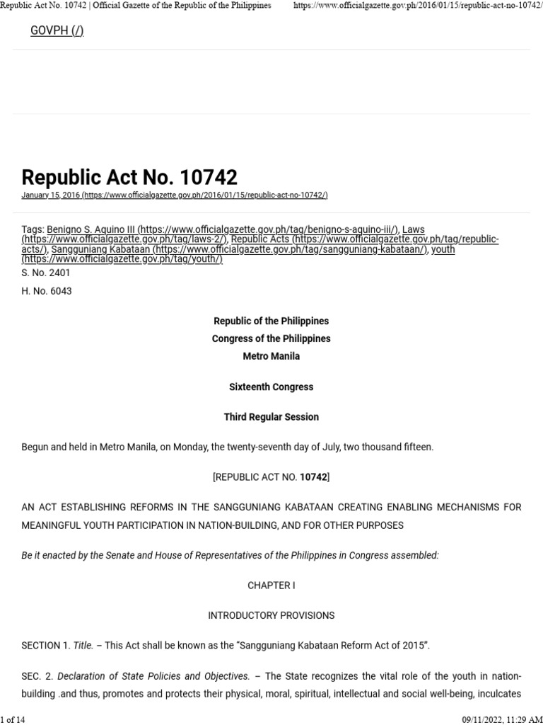 Sangguniang Kabataan Reform Act 2015 | PDF | Philippines | Governance