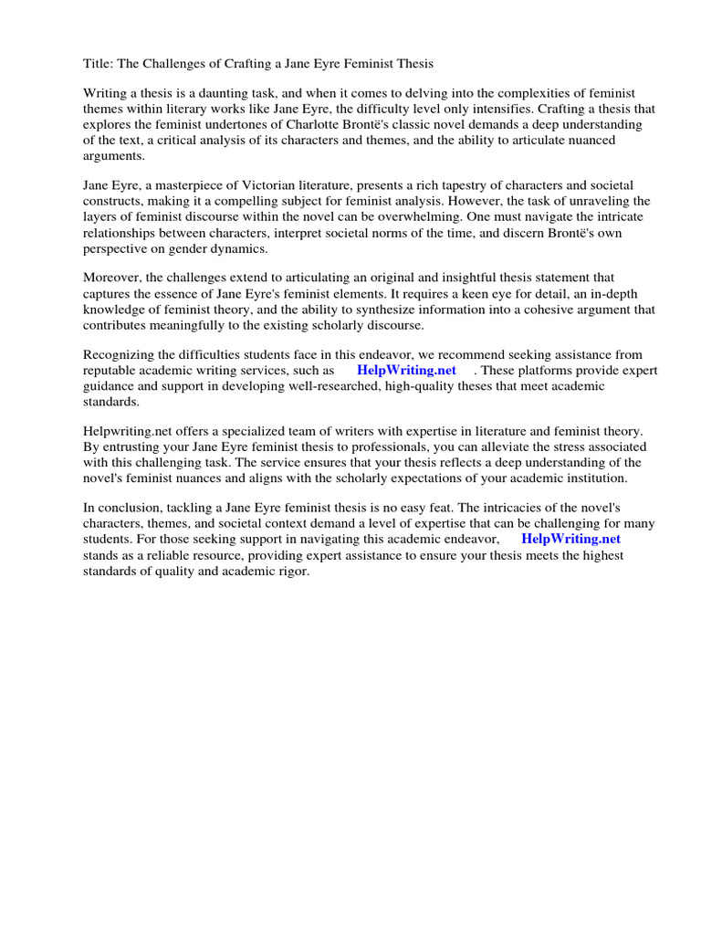 Jane Eyre Feminist Thesis PDF Jane Eyre Feminism