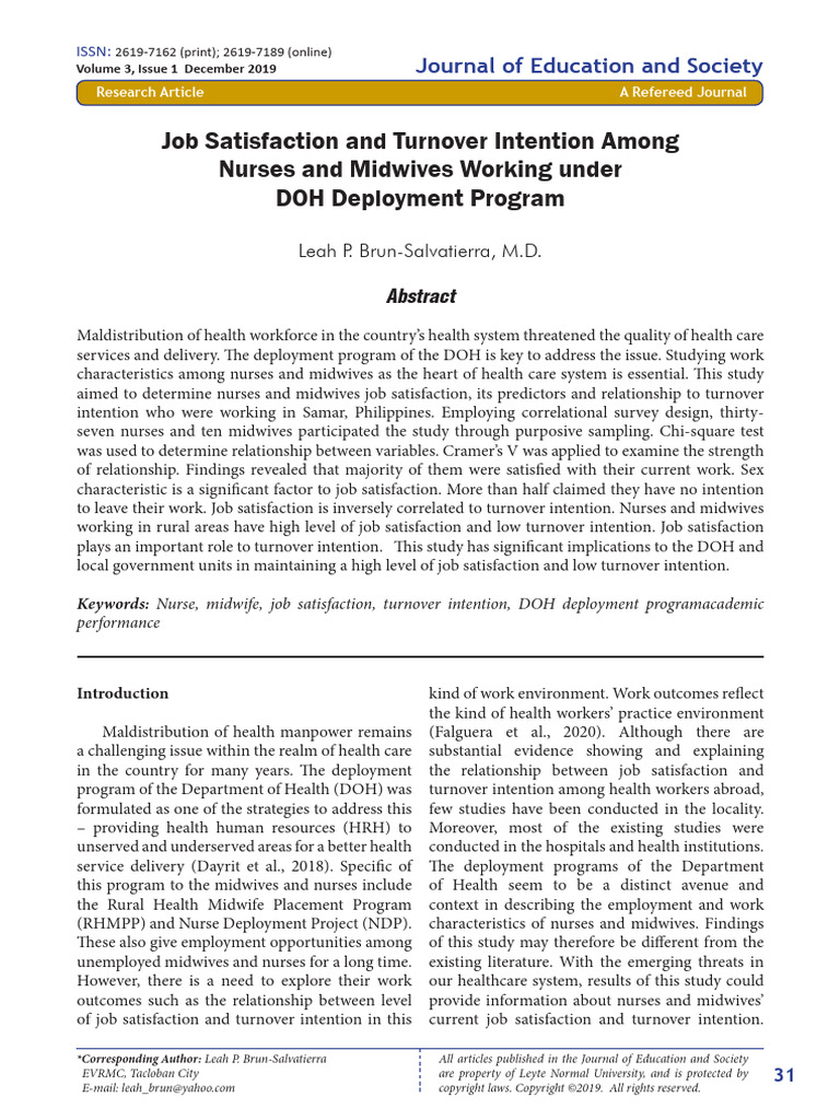 Job Satisfaction and Turnover Intention Among Nurses and Midwives of ...