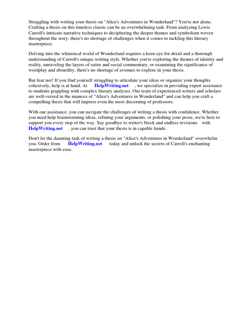 Alices Adventures in Wonderland Thesis Statement Download Free PDF
