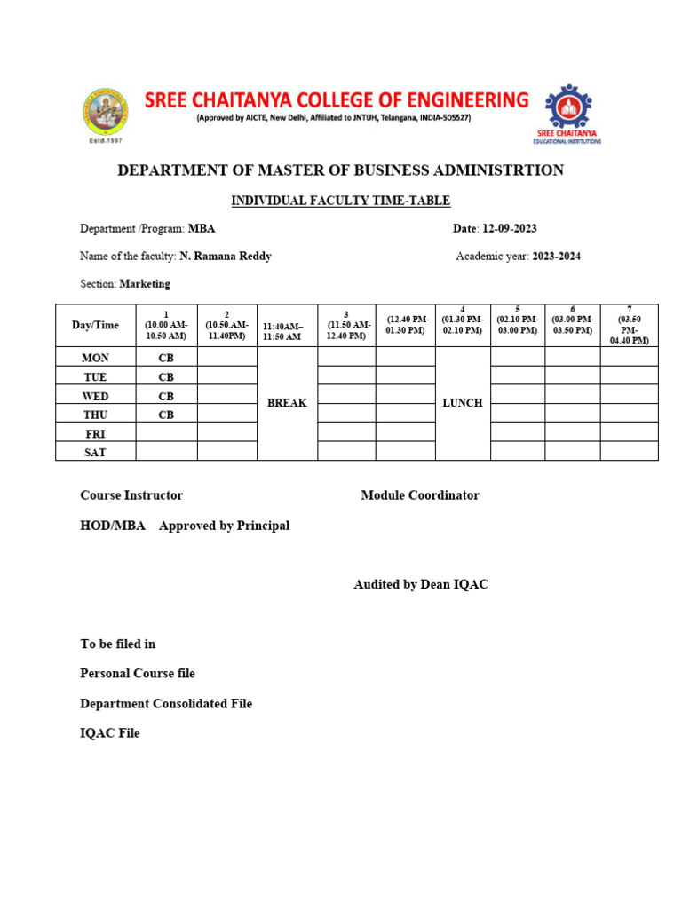 MBA Faculty Timetable 2023-2024 | PDF